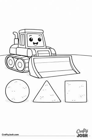 This simple bulldozer coloring page features a large construction vehicle next to three bold dirt piles shaped like a circle, triangle, and square