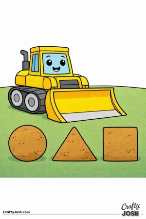 This simple bulldozer coloring page features a large construction vehicle next to three bold dirt piles shaped like a circle, triangle, and square