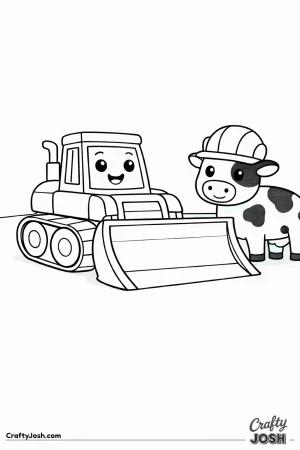 This simple bulldozer coloring page features a large construction vehicle with a friendly cow wearing a helmet standing beside it