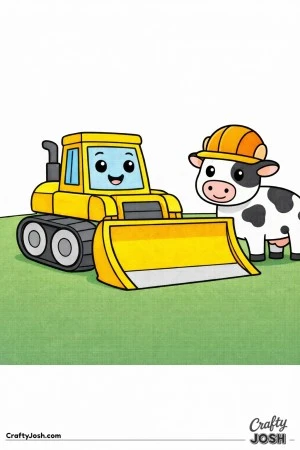 This simple bulldozer coloring page features a large construction vehicle with a friendly cow wearing a helmet standing beside it