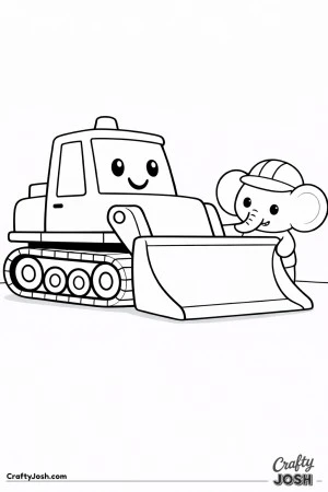 This simple bulldozer features a wide front blade and large track base with a rounded elephant construction helper standing beside it designed for ..