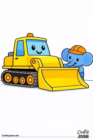 This simple bulldozer features a wide front blade and large track base with a rounded elephant construction helper standing beside it designed for ..