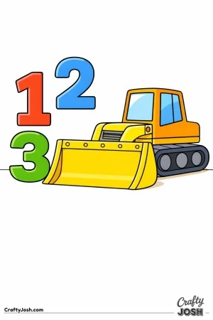 This coloring page shows a large bulldozer with a wide front blade and big tracks beside the bold numbers 1, 2, and 3