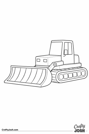 This coloring page shows a large bulldozer with a wide front blade decorated with bold vertical stripes