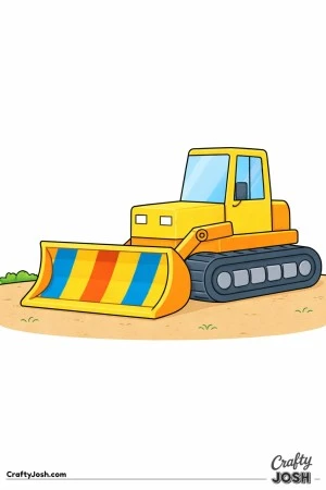 This coloring page shows a large bulldozer with a wide front blade decorated with bold vertical stripes