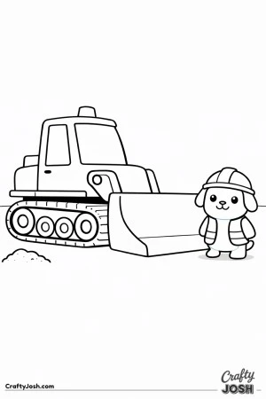 This simple bulldozer features a wide front blade and large track base with a puppy construction helper standing beside it designed for toddlers ages ..