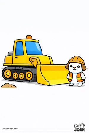 This simple bulldozer features a wide front blade and large track base with a puppy construction helper standing beside it designed for toddlers ages ..