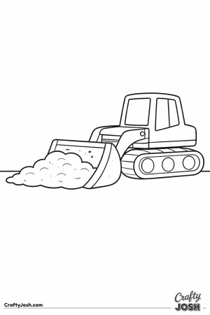 This coloring page shows a large bulldozer in side view pushing a big rounded dirt pile with its wide front blade