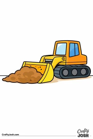 This coloring page shows a large bulldozer in side view pushing a big rounded dirt pile with its wide front blade