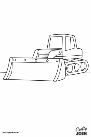 This coloring page shows a large bulldozer with an extra-wide rectangular front blade that fills much of the lower half of the page