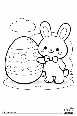 A cute bunny wearing a bow tie is standing next to a giant decorated egg with simple patterns, with a cloud and grass in the background