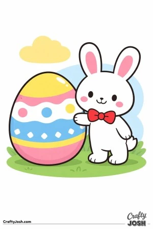 A cute bunny wearing a bow tie is standing next to a giant decorated egg with simple patterns, with a cloud and grass in the background