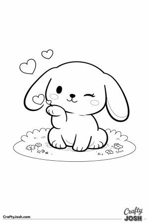 This image shows a cute lop-eared bunny winking and blowing a kiss with small hearts floating in the air above a patch of grass and flowers