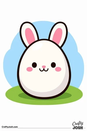 This coloring page shows a big round egg with a cute bunny face and tall bunny ears, sitting on a simple patch of ground with a large shape in the ..