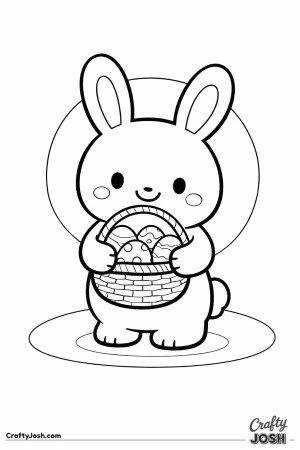 A cute bunny is holding a basket filled with decorated eggs while standing on a simple oval patch of ground