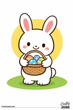 A cute bunny is holding a basket filled with decorated eggs while standing on a simple oval patch of ground