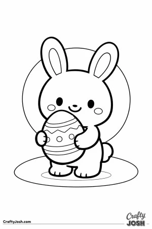 A cute bunny is holding a big decorated Easter egg with simple patterns