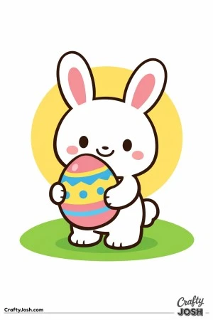 A cute bunny is holding a big decorated Easter egg with simple patterns