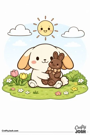 A cute lop-eared bunny is sitting on a grassy patch holding a chocolate bunny with a bow, surrounded by flowers, bushes, clouds, and a smiling sun ..