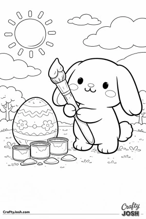 A cute lop-eared bunny is holding a big paintbrush next to a large decorated egg with paint cans on the grass
