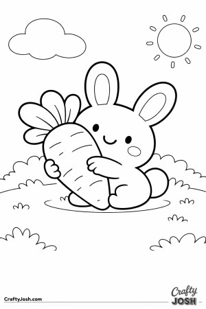 A cute bunny is sitting on the grass and hugging a big carrot with a sun and cloud in the sky