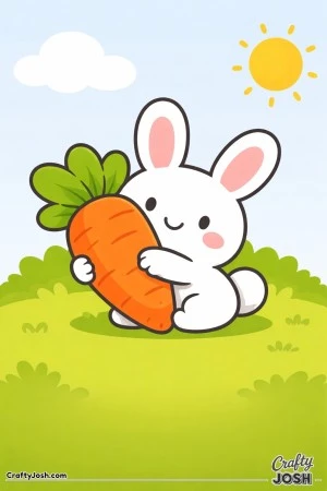 A cute bunny is sitting on the grass and hugging a big carrot with a sun and cloud in the sky
