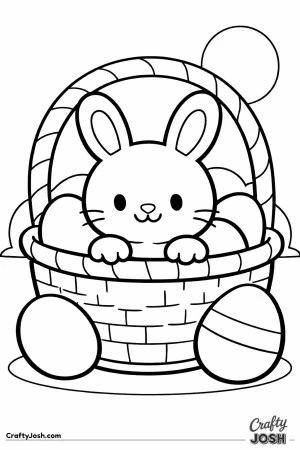 This black-and-white coloring page shows a cute bunny sitting inside a large Easter basket with big eggs around it and a simple sun in the background