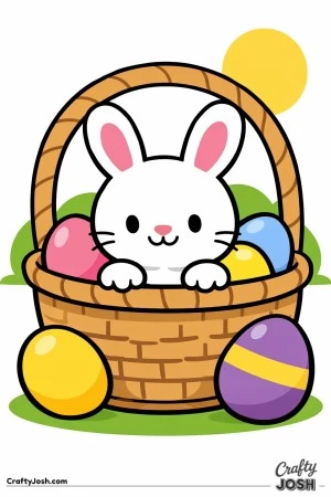 This black-and-white coloring page shows a cute bunny sitting inside a large Easter basket with big eggs around it and a simple sun in the background