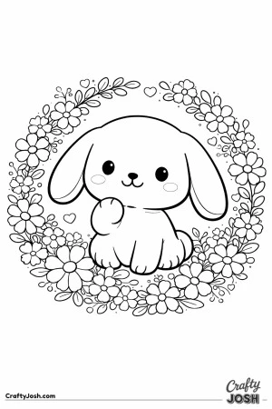 This image shows a cute lop-eared bunny sitting inside a round flower wreath made of simple flowers, leaves, and small heart shapes