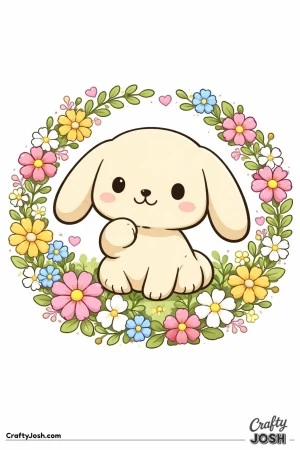 This image shows a cute lop-eared bunny sitting inside a round flower wreath made of simple flowers, leaves, and small heart shapes