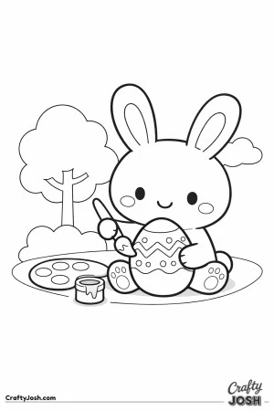 This black and white coloring page shows a cute bunny sitting on the grass and painting a decorated Easter egg with a brush, with a paint palette, ..