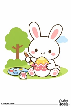 This black and white coloring page shows a cute bunny sitting on the grass and painting a decorated Easter egg with a brush, with a paint palette, ..