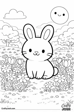 This black-and-white coloring page shows a cute bunny sitting in a flower field with trees, clouds, hills, and a smiling sun