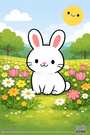 This black-and-white coloring page shows a cute bunny sitting in a flower field with trees, clouds, hills, and a smiling sun