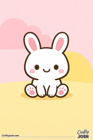 A cute kawaii bunny is sitting and smiling with big ears, simple dot eyes, and a rounded cloud and hill in the background