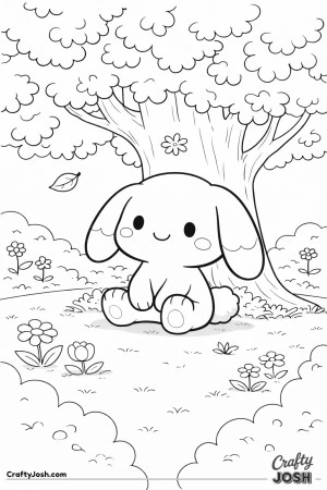 A cute lop-eared bunny is sitting under a big leafy tree with clouds, bushes, grass, flowers, and a falling leaf in the background