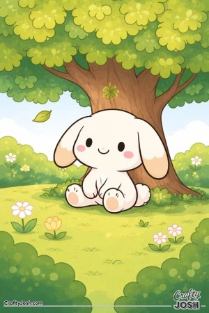 A cute lop-eared bunny is sitting under a big leafy tree with clouds, bushes, grass, flowers, and a falling leaf in the background