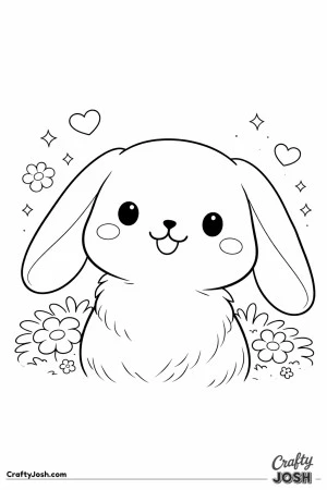 A cute close-up bunny portrait shows a smiling lop-eared bunny surrounded by simple flowers, hearts, and stars