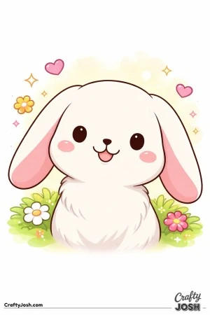 A cute close-up bunny portrait shows a smiling lop-eared bunny surrounded by simple flowers, hearts, and stars