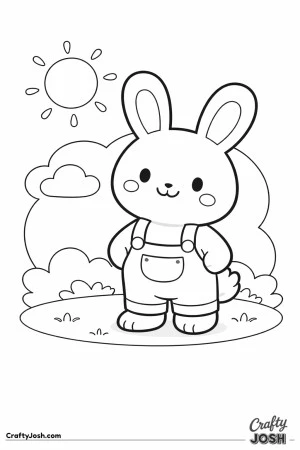 A cute bunny is standing and smiling while wearing overalls, with a sun, cloud, and bushes in the background