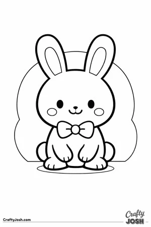 A cute bunny is sitting and smiling while wearing a bow tie, with a simple cloud shape behind it