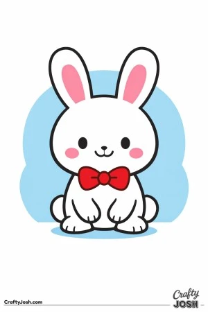 A cute bunny is sitting and smiling while wearing a bow tie, with a simple cloud shape behind it