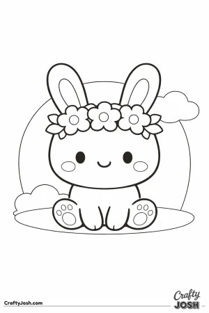 This black and white coloring page shows a cute bunny sitting on a grassy hill, wearing a simple flower crown with three flowers and leaves, with a ..