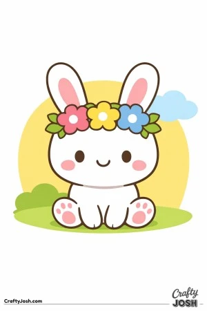 This black and white coloring page shows a cute bunny sitting on a grassy hill, wearing a simple flower crown with three flowers and leaves, with a ..