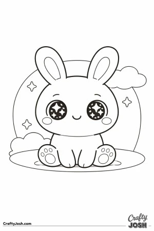 This black and white coloring page shows a cute bunny sitting on a grassy patch with very large sparkling eyes, a small smile, a round sun shape ..