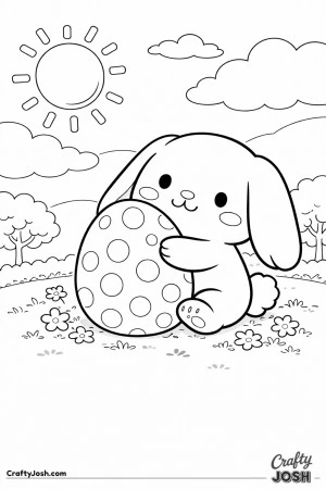 A cute lop-eared bunny is sitting in the grass and hugging a big egg covered in large dots, with flowers, trees, the sun, and clouds in the background
