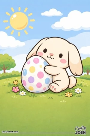 A cute lop-eared bunny is sitting in the grass and hugging a big egg covered in large dots, with flowers, trees, the sun, and clouds in the background