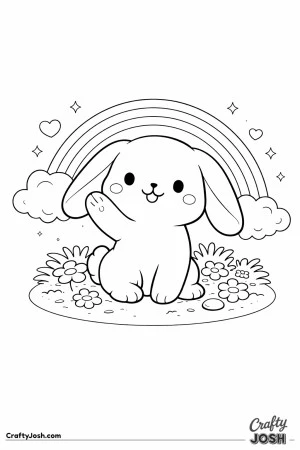A cute bunny is sitting on a grassy patch and waving, with a simple rainbow and fluffy clouds behind it, plus hearts, stars, and flowers around the ..