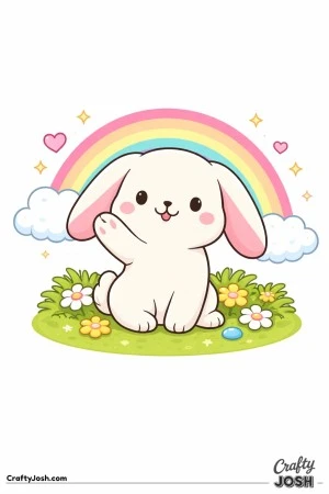 A cute bunny is sitting on a grassy patch and waving, with a simple rainbow and fluffy clouds behind it, plus hearts, stars, and flowers around the ..