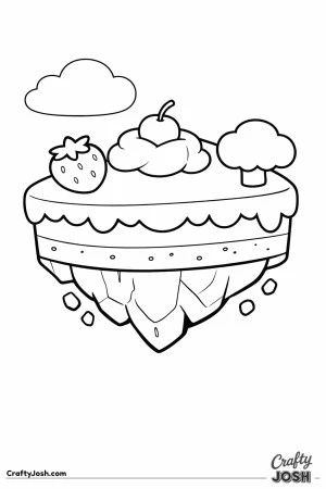 A cake-slice shaped floating island is shown with whipped cream and a cherry on top, plus a strawberry, a small tree, and one cloud in the sky